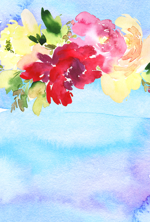 Greeting card with flowers. Pastel colors. Handmade. Watercolor painting. Wedding, birthday, Mother's Day. Bridal shower.の写真素材