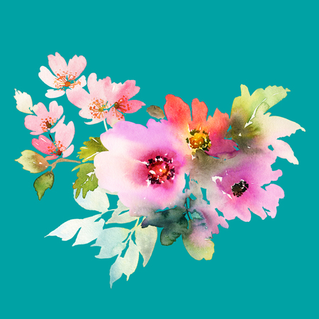 Flowers watercolor illustration. Manual composition. Mother's Day, wedding, birthday, Easter, Valentine's Day. Pastel colors. Spring. Summer.の写真素材