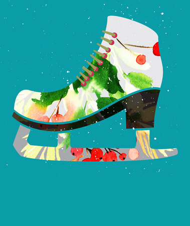 Creative Christmas card. Watercolor illustration. Christmas skates.の写真素材