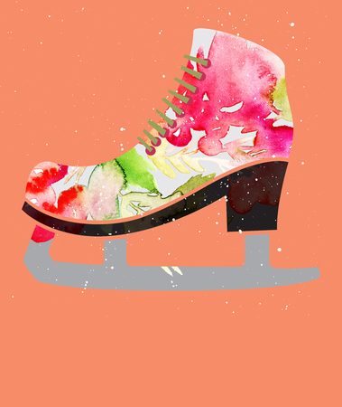 Creative Christmas card. Watercolor illustration. Christmas skates.の写真素材