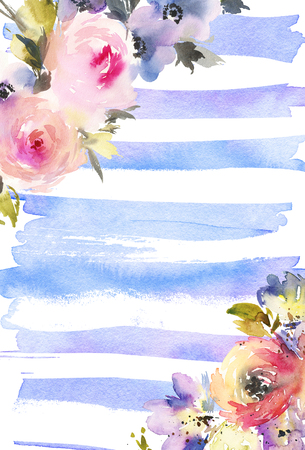Greeting card with flowers. Pastel colors. Handmade. Watercolor painting. Wedding, birthday, Mother's Day. Bridal shower.の写真素材