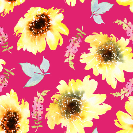 Sunflowers seamless pattern. Watercolor illustration. Autumn. Handmade.の写真素材