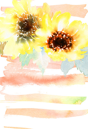 Watercolor sunflowers. Postcard for the wedding, birthday party. Summer. Autumn. Gentle warm colors.の写真素材