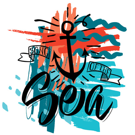 Deep blue sea. Vector illustration for a t-shirt. Calligraphy Lettering illustration.のイラスト素材