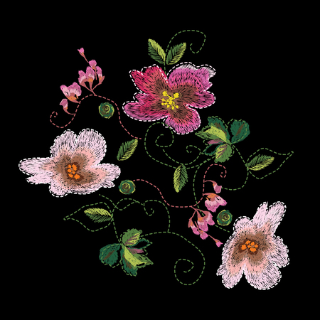 Colorful embroidery on a black background. A beautiful bouquet of roses for the design of clothes.のイラスト素材
