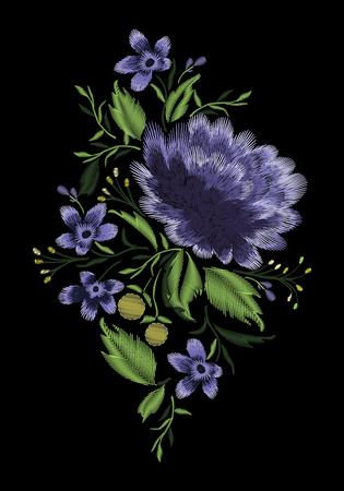 Colorful embroidery on a black background. A beautiful bouquet of roses for the design of clothes.のイラスト素材