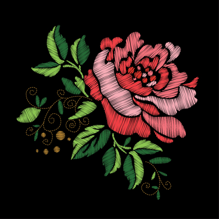 Colorful embroidery on a black background. A beautiful bouquet of roses for the design of clothes.のイラスト素材