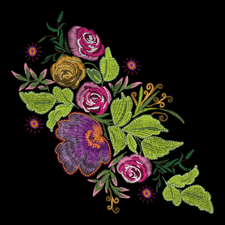 Colorful embroidery on a black background. A beautiful bouquet of roses for the design of clothes.のイラスト素材
