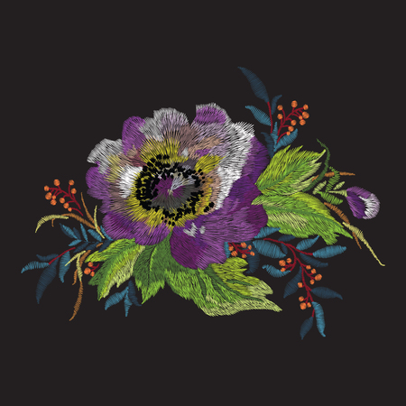 Colorful embroidery on a black background. A beautiful bouquet of roses for the design of clothes.のイラスト素材
