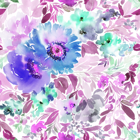 Seamless summer pattern with watercolor flowers handmade.の写真素材