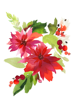 Christmas watercolor card with berries and flowers.の写真素材