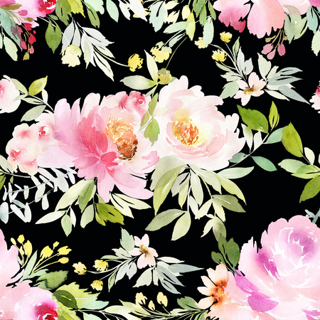 Seamless summer pattern with watercolor flowers handmade.の写真素材