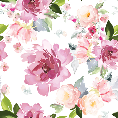 Vector seamless pattern with flower and plants in watercolor style.のイラスト素材