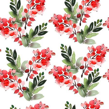 Seamless watercolor Christmas pattern with berries and spruceの写真素材
