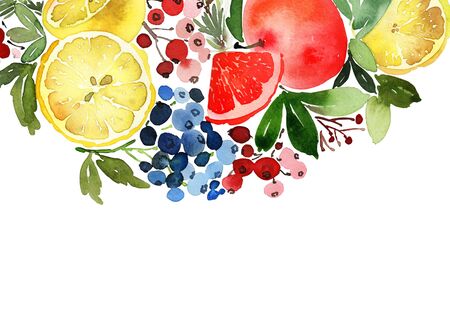 Christmas card with lemons, tangerines and berries.の写真素材