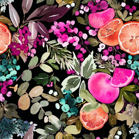 Seamless watercolor pattern with lemons and oranges, berries. Winter composition for wrapping paperの写真素材