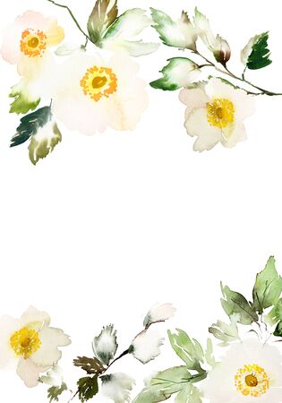 Watercolor card with delicate anemones on a white background. Bouquet of summer flowers.の写真素材