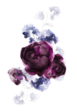 A bouquet of flowers on a white background. Greeting card in watercolor styleの写真素材
