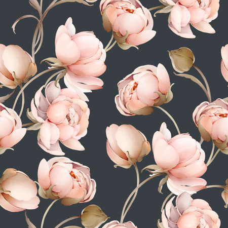 Seamless spring pattern with a bouquet of peonies. Vintage wallpaper with flowers in pastel colorsの写真素材
