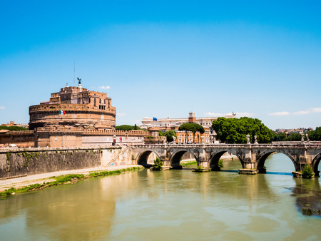 A day view of the Mausoleum of Hadrian Castel SantAngelo in Rome, Italy. You also see the Bridge of Hadrian to the right, crossing the Tiber river.のeditorial素材