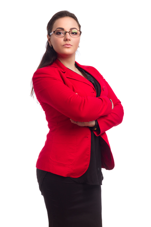 Chubby Woman In Red Jacket Isolated On White Backgroundの写真素材