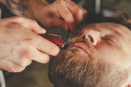 Serious Bearded Man Getting Beard Haircut By Barber While Sitting In Chair At Barbershop. Barbershop Themeの写真素材