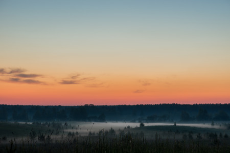 Foggy fields before sunriseの写真素材