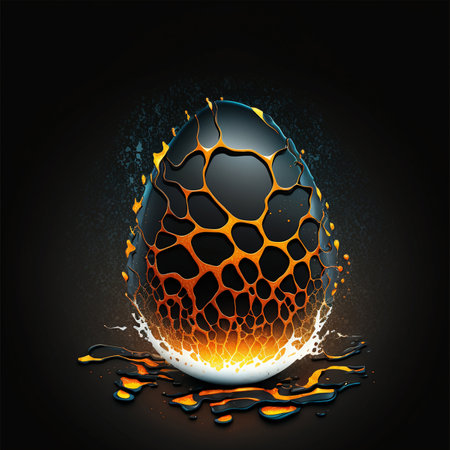 Easter egg on a black background with a pattern of fire and flamesの素材