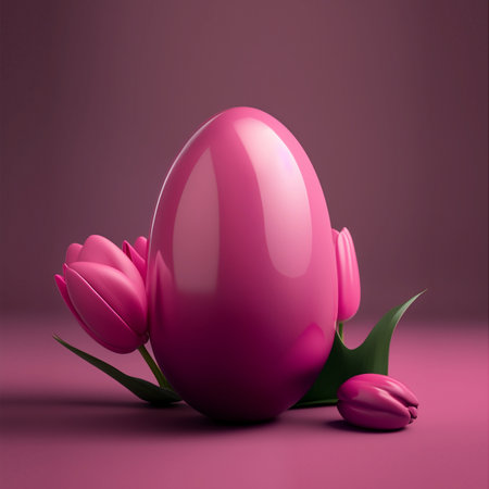 Pink Easter egg with tulips on purple background. 3d renderの素材