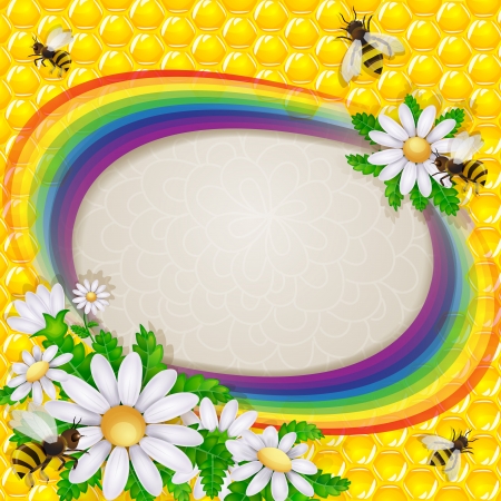 Daisy flower and bee over the honeycombs and rainbow background のイラスト素材