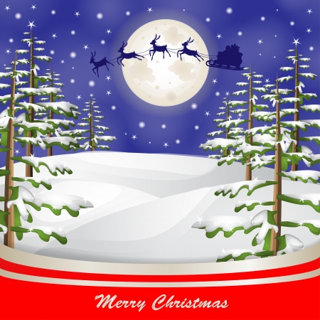 Santa sleigh over moon and Christmas tree backgroundのイラスト素材