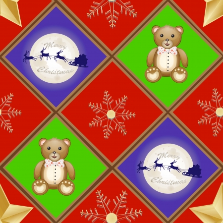 Christmas patern with teddy bear and santa sleigh and reindeer over moonのイラスト素材