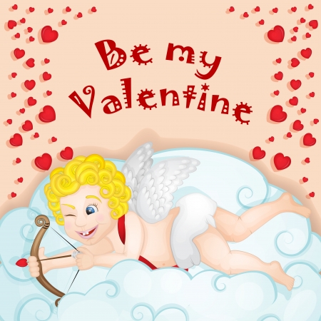 Cupid over cloud over heart background のイラスト素材