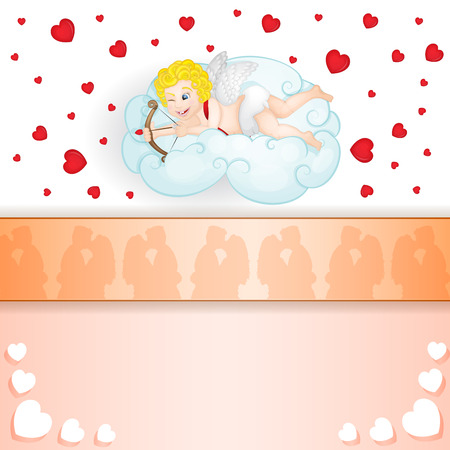 Cupid over cloud over heart background のイラスト素材