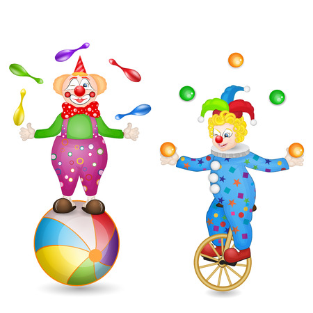 Two clowns with ball and unicycleのイラスト素材