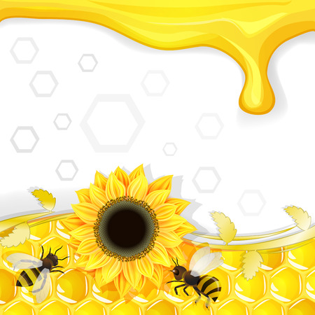 Sunflowers and bees over honeycombs backgroundのイラスト素材