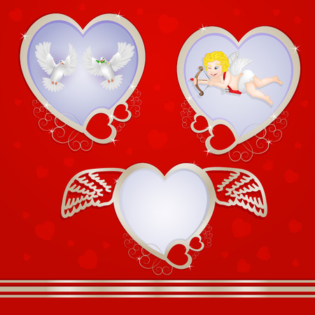 Golden heart frames with pigeons and cupidの写真素材