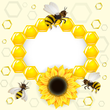 Sunflowers and bees over honeycombs backgroundの写真素材