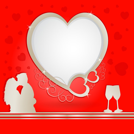 Golden heart frame with lovers and champagneの写真素材