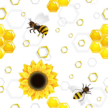 Sunflowers and bees over honeycombs patternの写真素材
