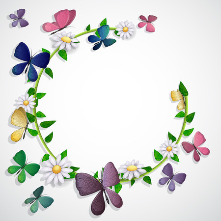 Butterflies card over leaves and flowers backgroundのイラスト素材