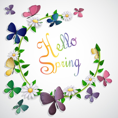 Butterflies card over leaves and flowers backgroundのイラスト素材