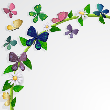 Butterflies card over leaves and flowers backgroundのイラスト素材