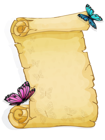 Parchment with butterfly isolated on white backgroundのイラスト素材