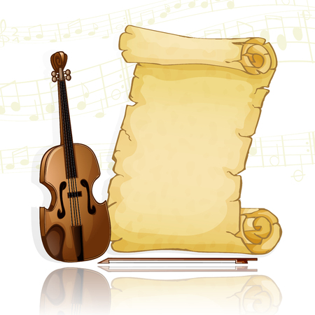 Parchment with violin over musical backgroundのイラスト素材