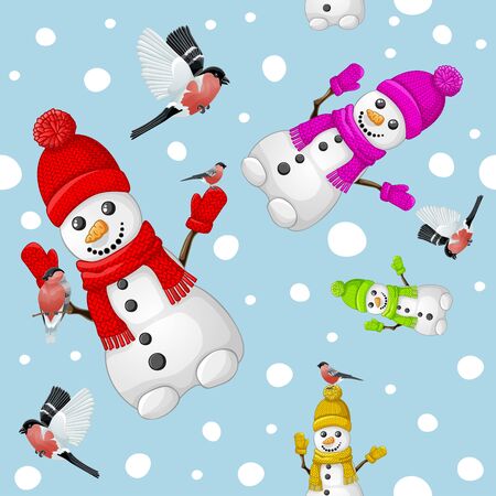 Snowman pattern with bullfinch over snowflakes backgroundのイラスト素材