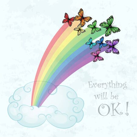Rainbow with multicolored butterflies and clouds over pastel blue sky backgroundのイラスト素材
