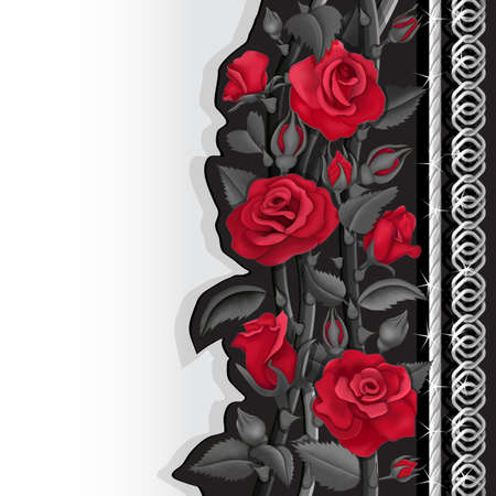 Black card with red and black roses and silver chainsのイラスト素材