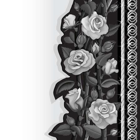 Black card with white and black roses and silver chainsのイラスト素材