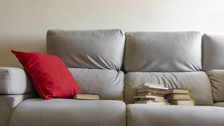 work from home or home school with a book on a sofa and a red cushionの写真素材